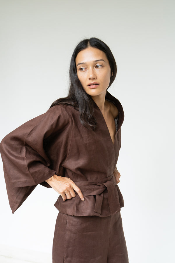 Makoto Kimono, Linen, Dark Brown, view 2