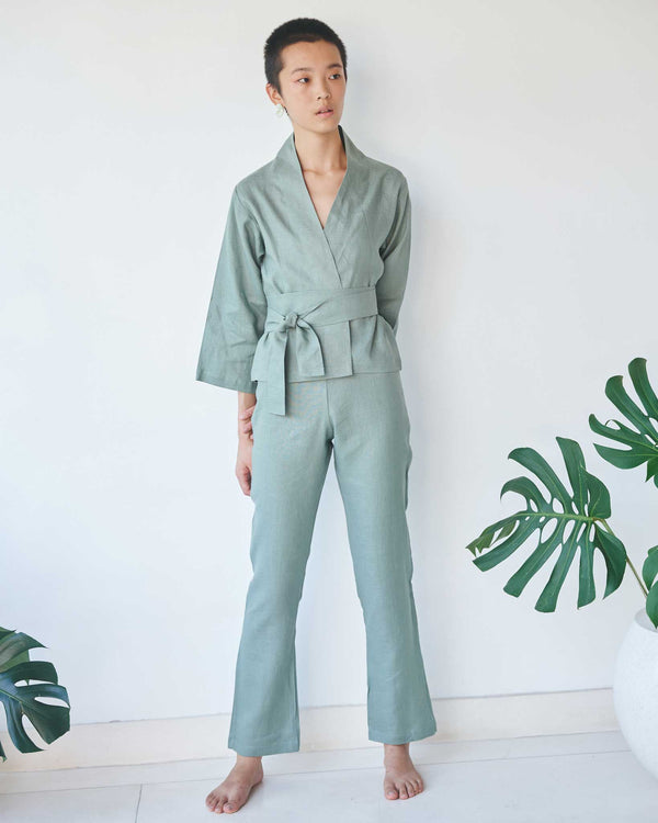 Mai Kimono Suit, Linen, Sage, view 2