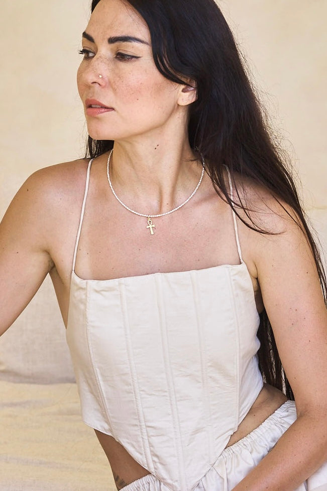 Sekhem Ankh Pearl Necklace - 18K Gold Plated Sterling Silver Tiyara LLC