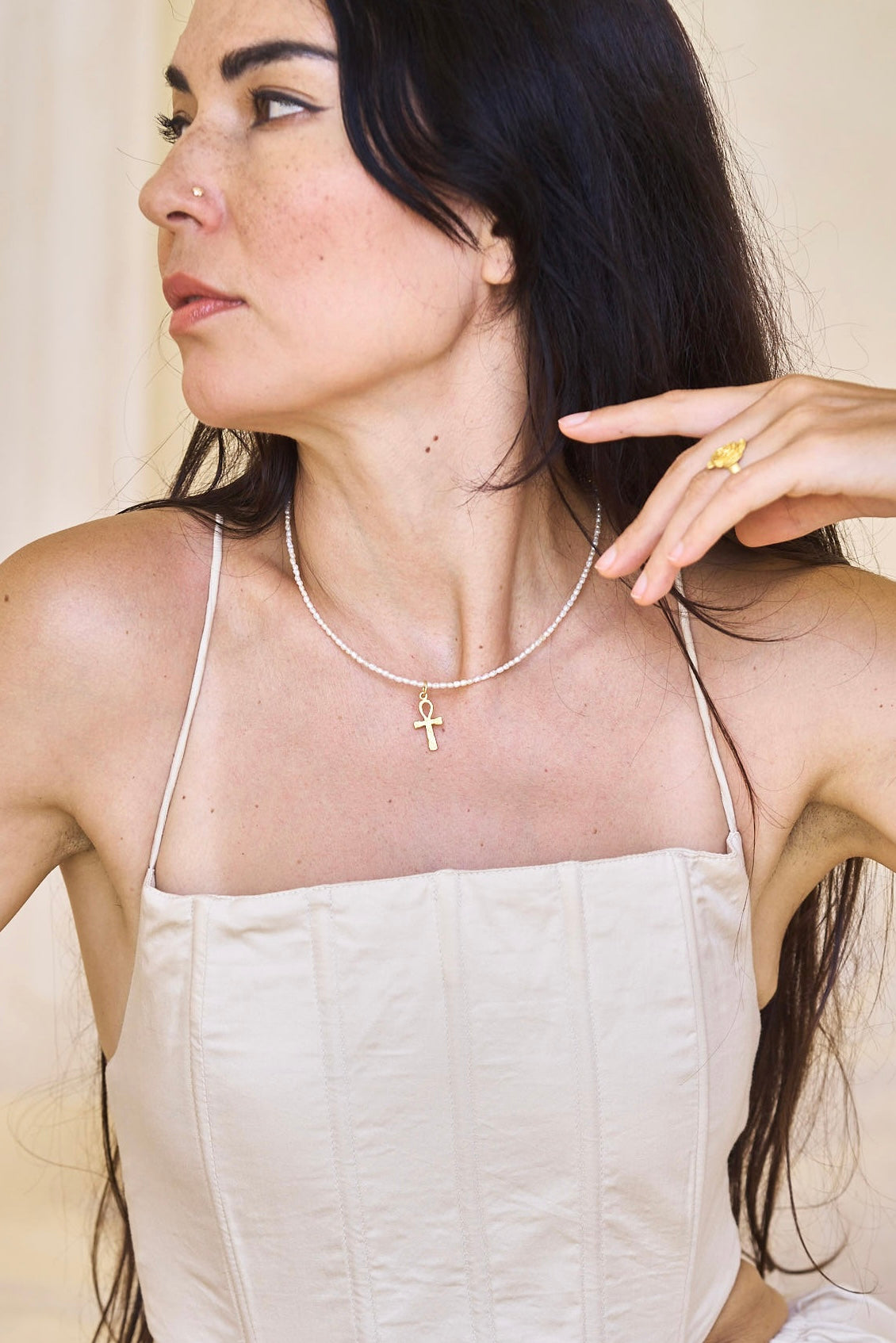 Sekhem Ankh Pearl Necklace - 18K Gold Plated Sterling Silver Tiyara LLC