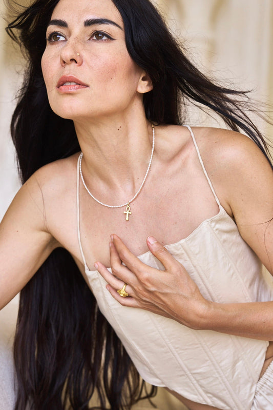 Sekhem Ankh Pearl Necklace - 18K Gold Plated Sterling Silver Tiyara LLC