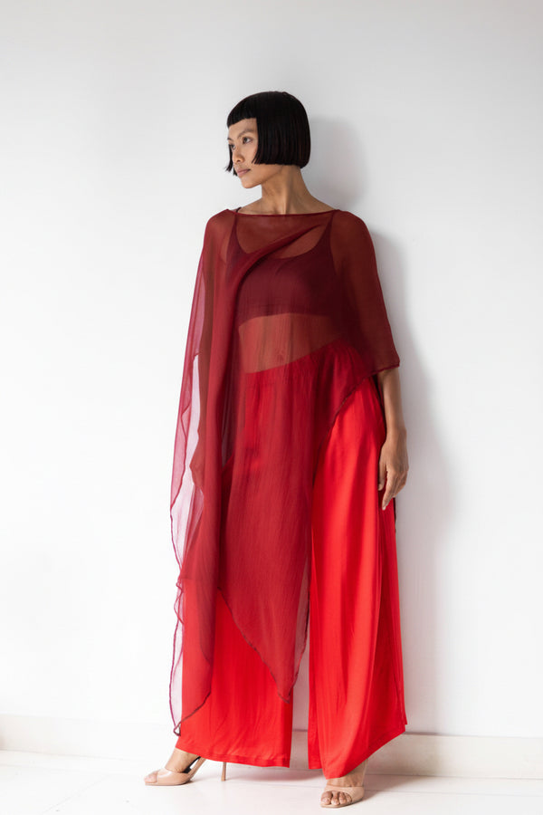 Yun Poncho, Silk Crinkle, Sacred Maroon