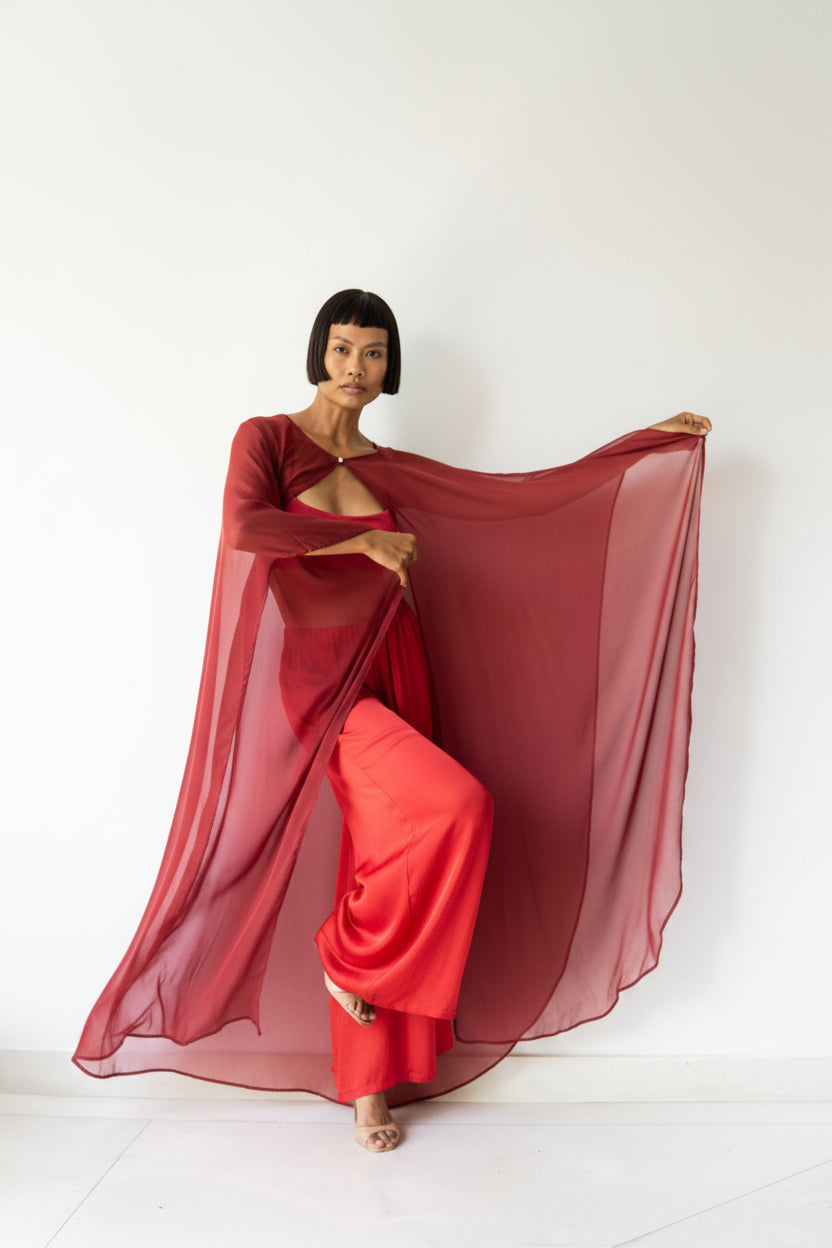 Isis Cape, Silk Sheer, Red Rose Dipped in Gold