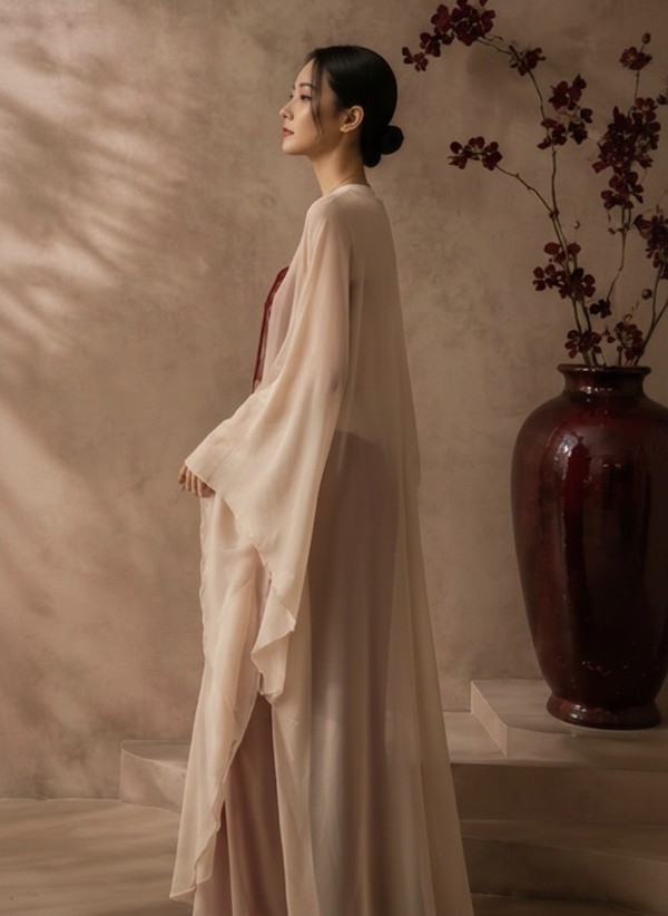 A woman in a flowing, semi-sheer beige gold cape stands in profile against a textured beige wall, with a large dark red vase of branches orchid behind her