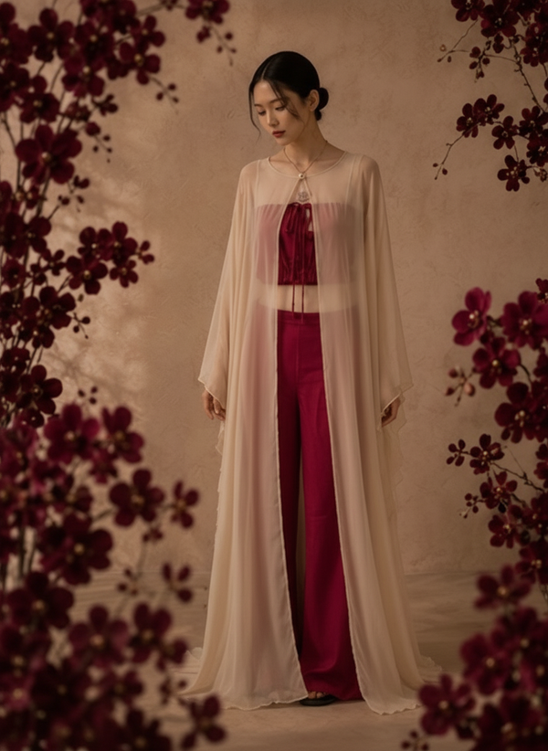 A woman in a flowing, semi-sheer beige gold cape stands in profile against a textured beige wall, with a large dark red vase of branches orchid behind her