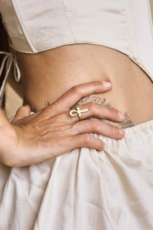 Sekhem Ankh Ring - 18K Gold Plated Sterling Silver