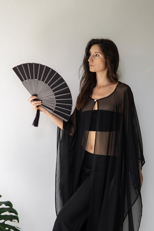 Temple Fan – Silk – Black Jade