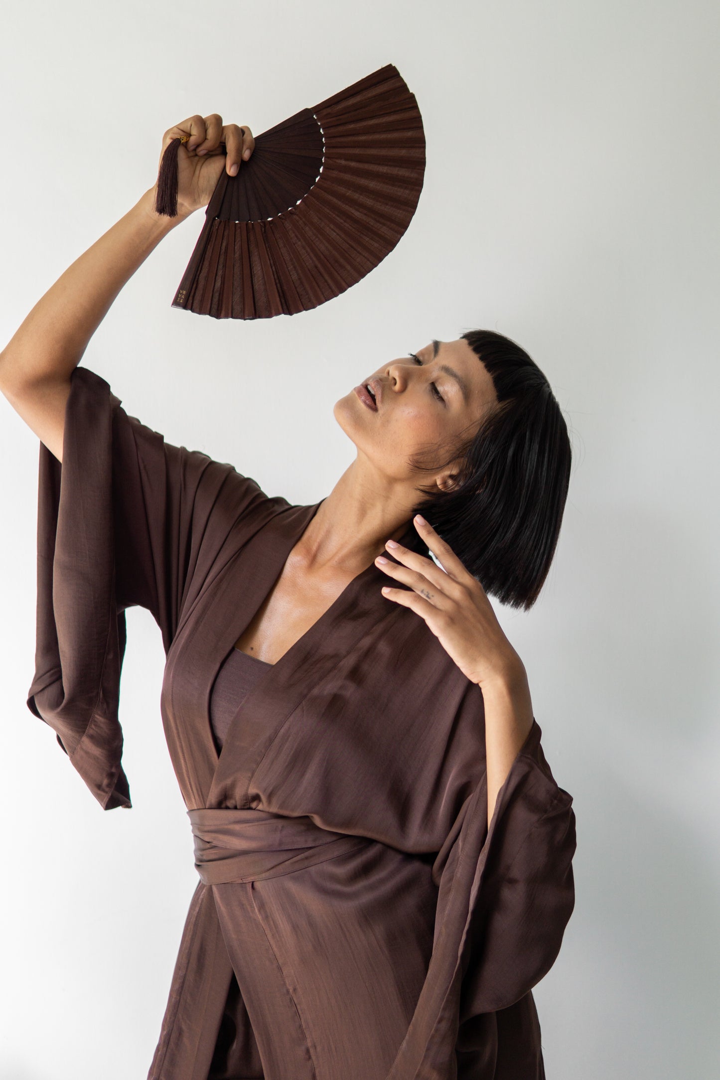Temple Fan – Silk – Brown Wood