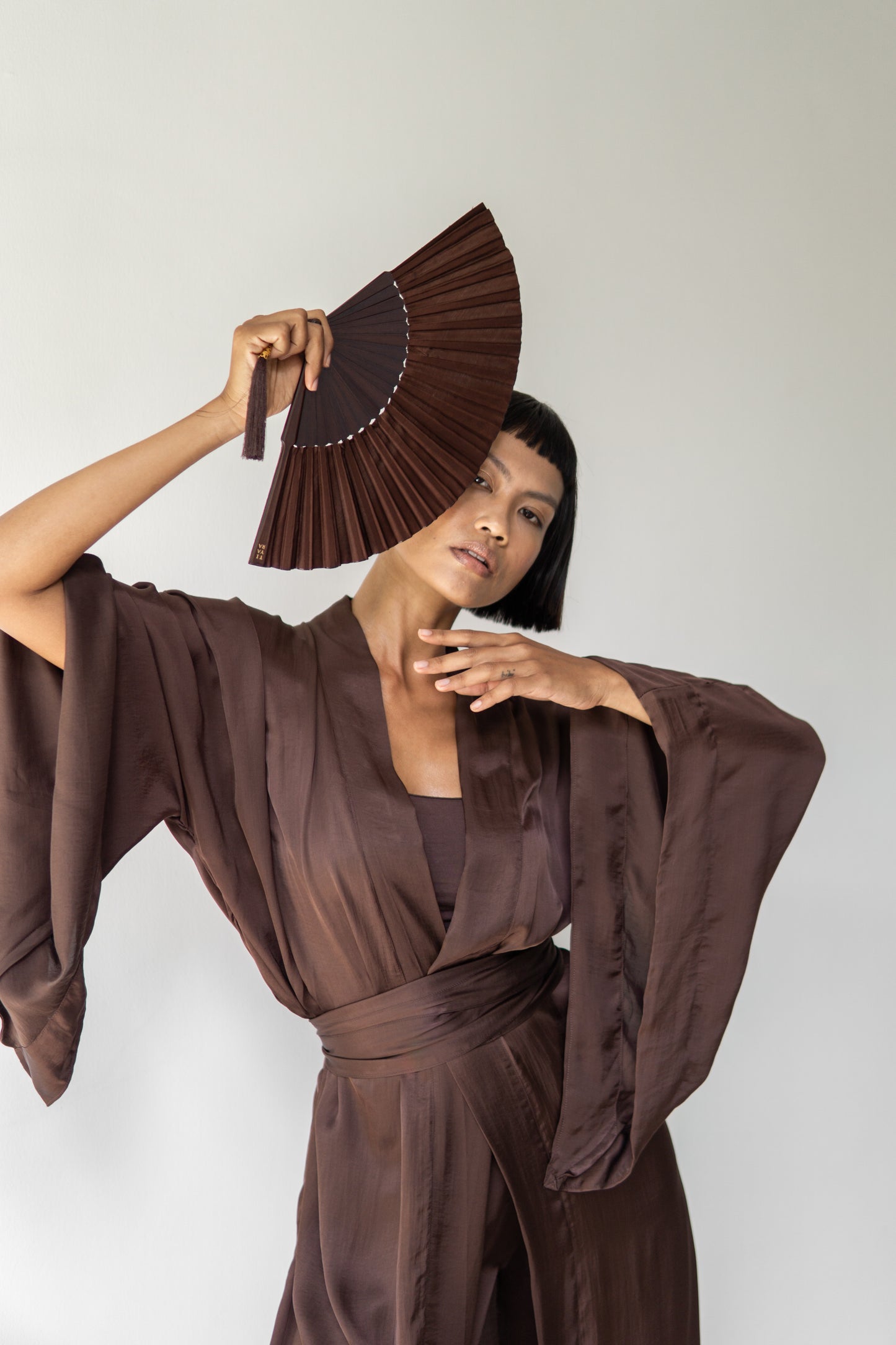 Temple Fan – Silk – Brown Wood
