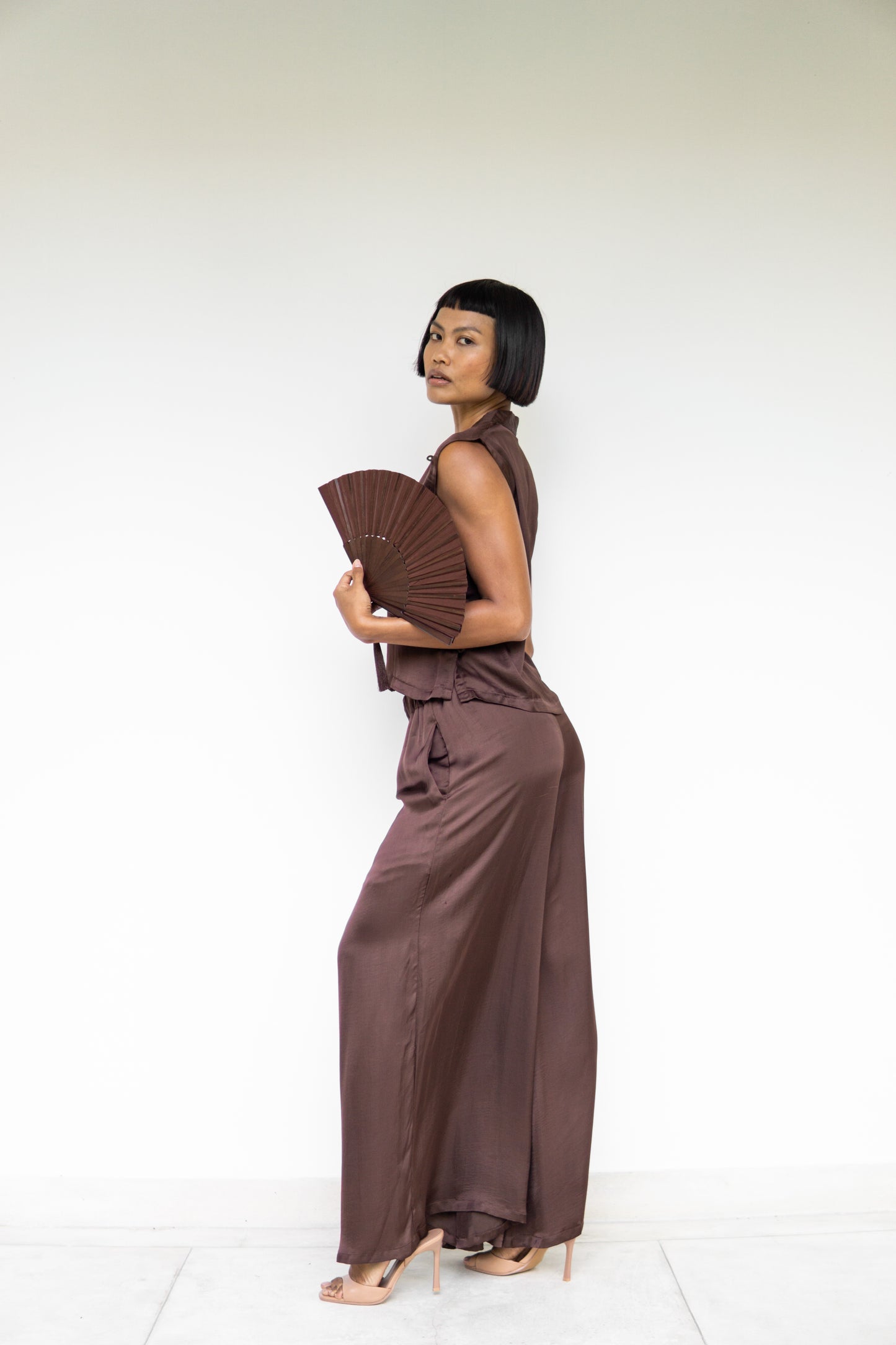Temple Fan – Silk – Brown Wood