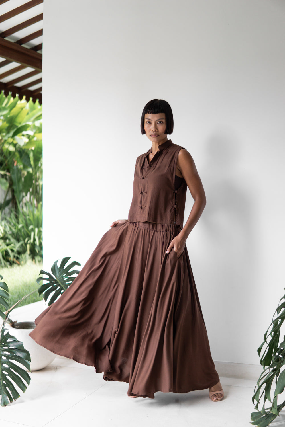 SaRa Long Skirt, Premium Rayon, Brown, view 4