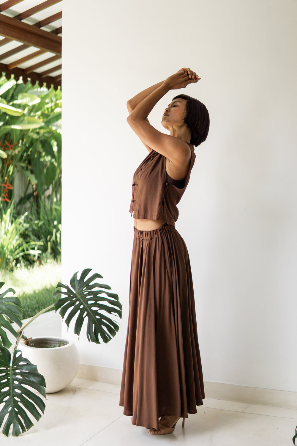 SaRa Long Skirt, Premium Rayon, Brown, view 2