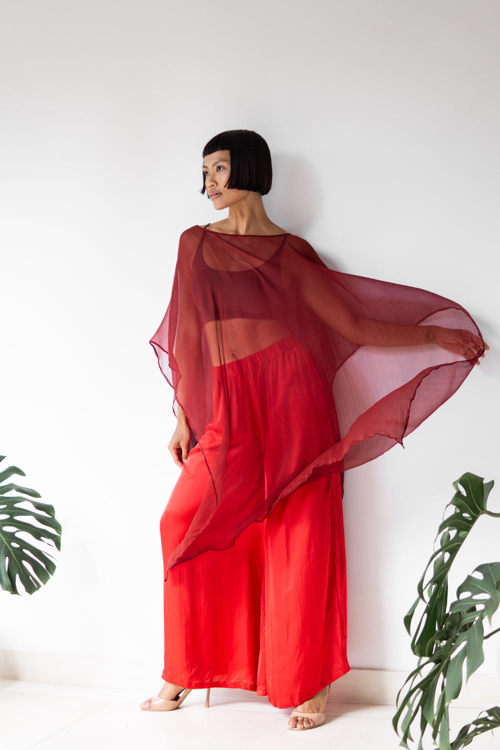 Yun Poncho, Silk Crinkle, Sacred Maroon, view 6