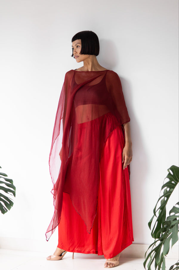 Yun Poncho, Silk Crinkle, Sacred Maroon