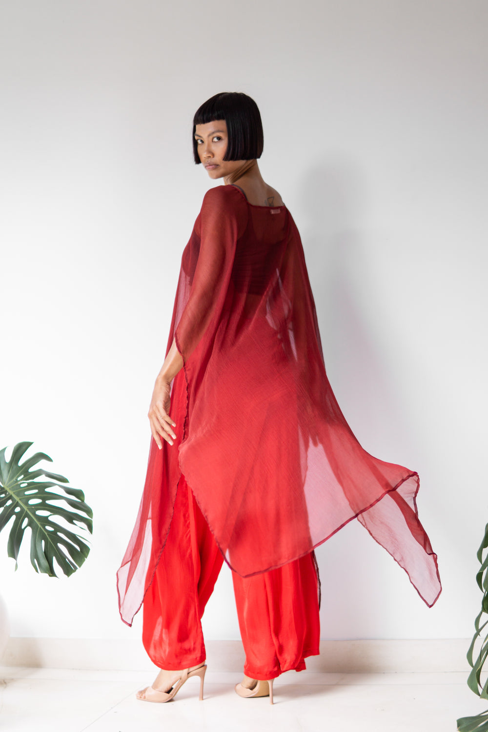 Yun Poncho, Silk Crinkle, Sacred Maroon, view 2