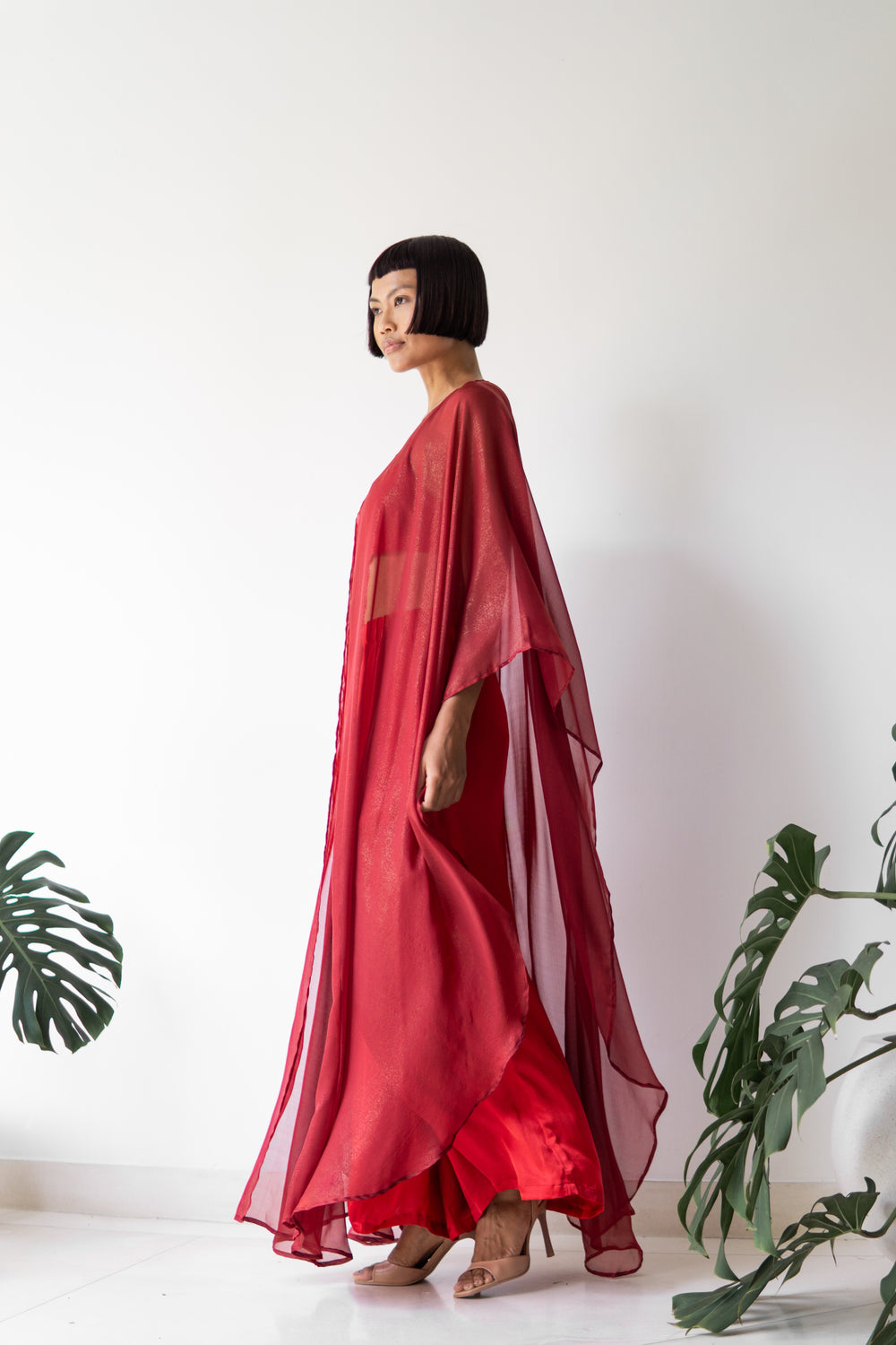 Isis Cape, Silk Sheer, Red Rose Dipped in Gold, view 6