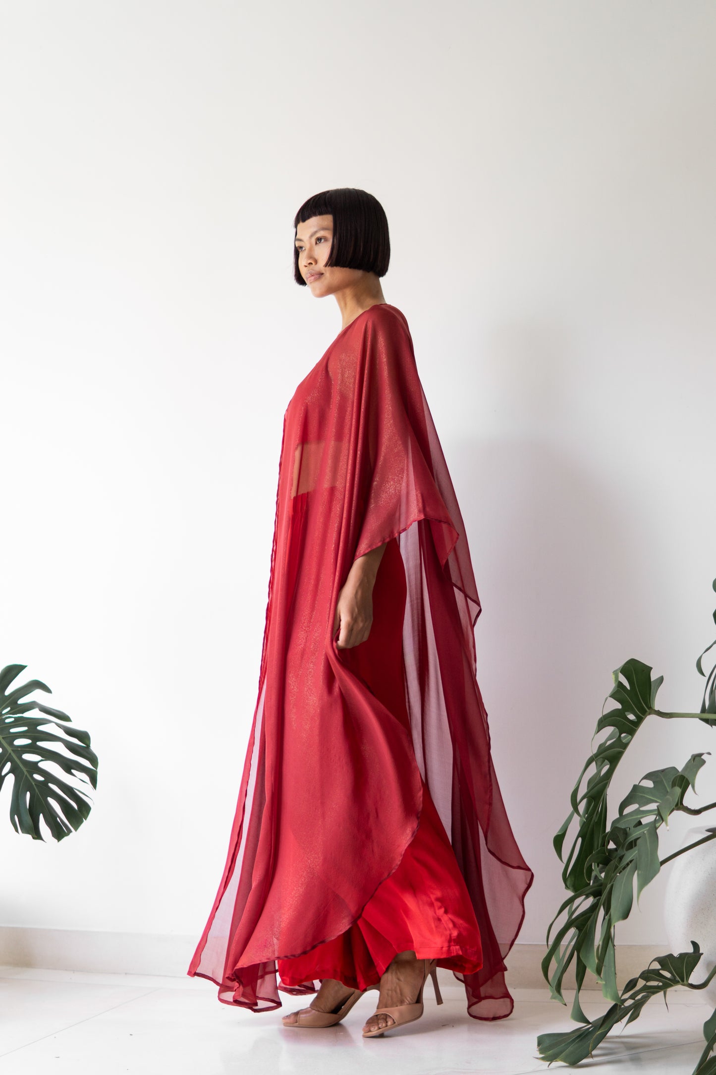 Isis Cape – Silk Sheer – Sacred Maroon with Gold