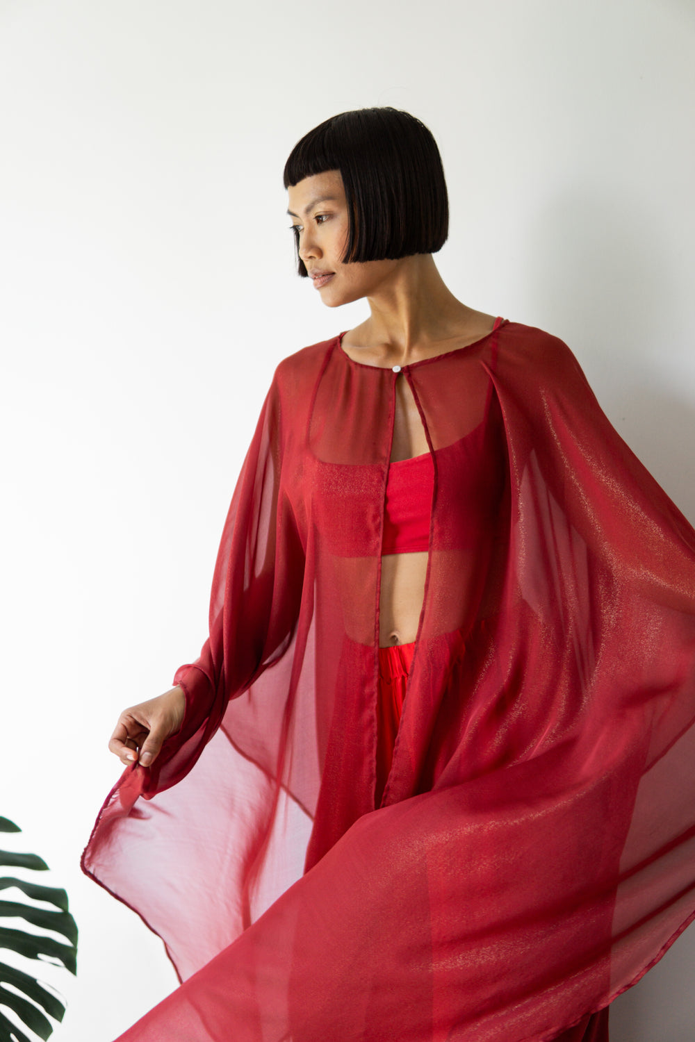 Isis Cape, Silk Sheer, Red Rose Dipped in Gold, view 8