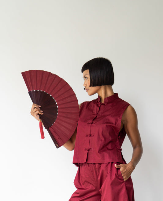 Temple Fan – Silk – Sacred Maroon
