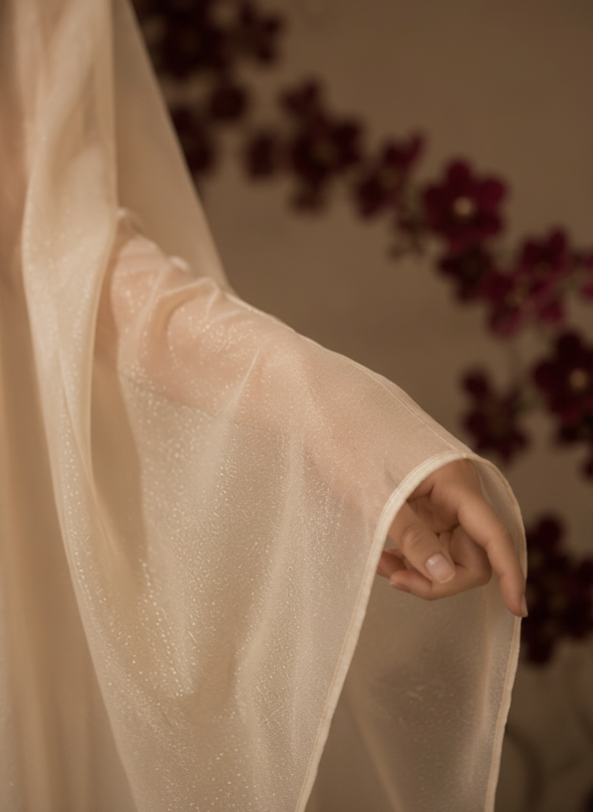 A woman in a flowing, semi-sheer beige gold cape stands in profile against a textured beige wall, with a large dark red vase of branches orchid behind her 