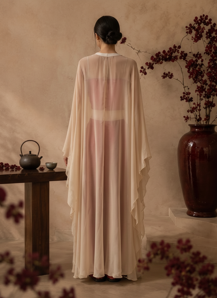 A woman in a flowing, semi-sheer beige gold cape stands in profile against a textured beige wall, with a large dark red vase of branches orchid behind her 