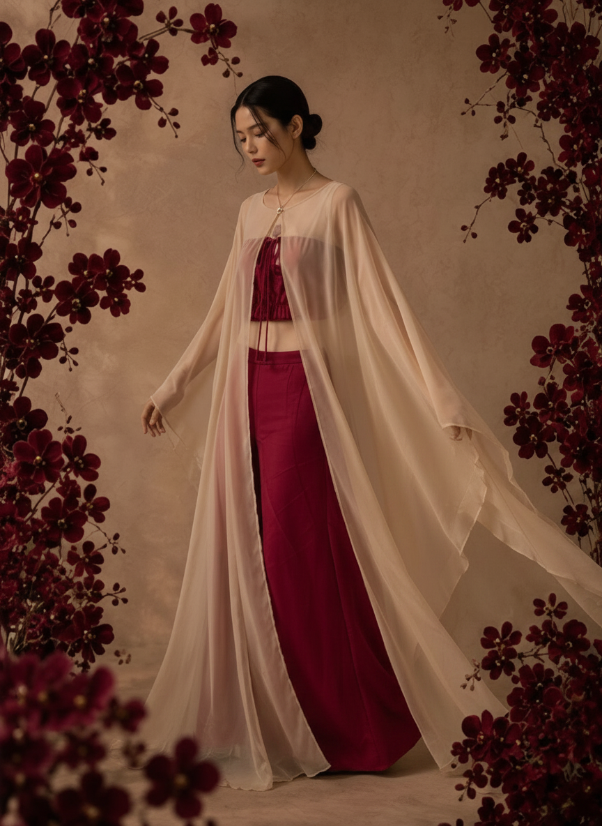 A woman in a flowing, semi-sheer beige gold cape stands in profile against a textured beige wall, with a large dark red vase of branches orchid behind her 